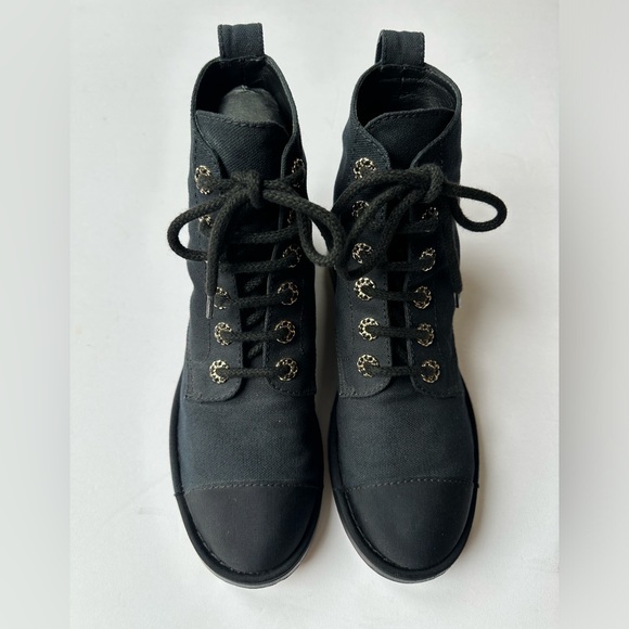 CHANEL Cotton Grosgrain Cap Toe CC Black Lace Up Boots Original Box Dust Bags 38 - Picture 4 of 11